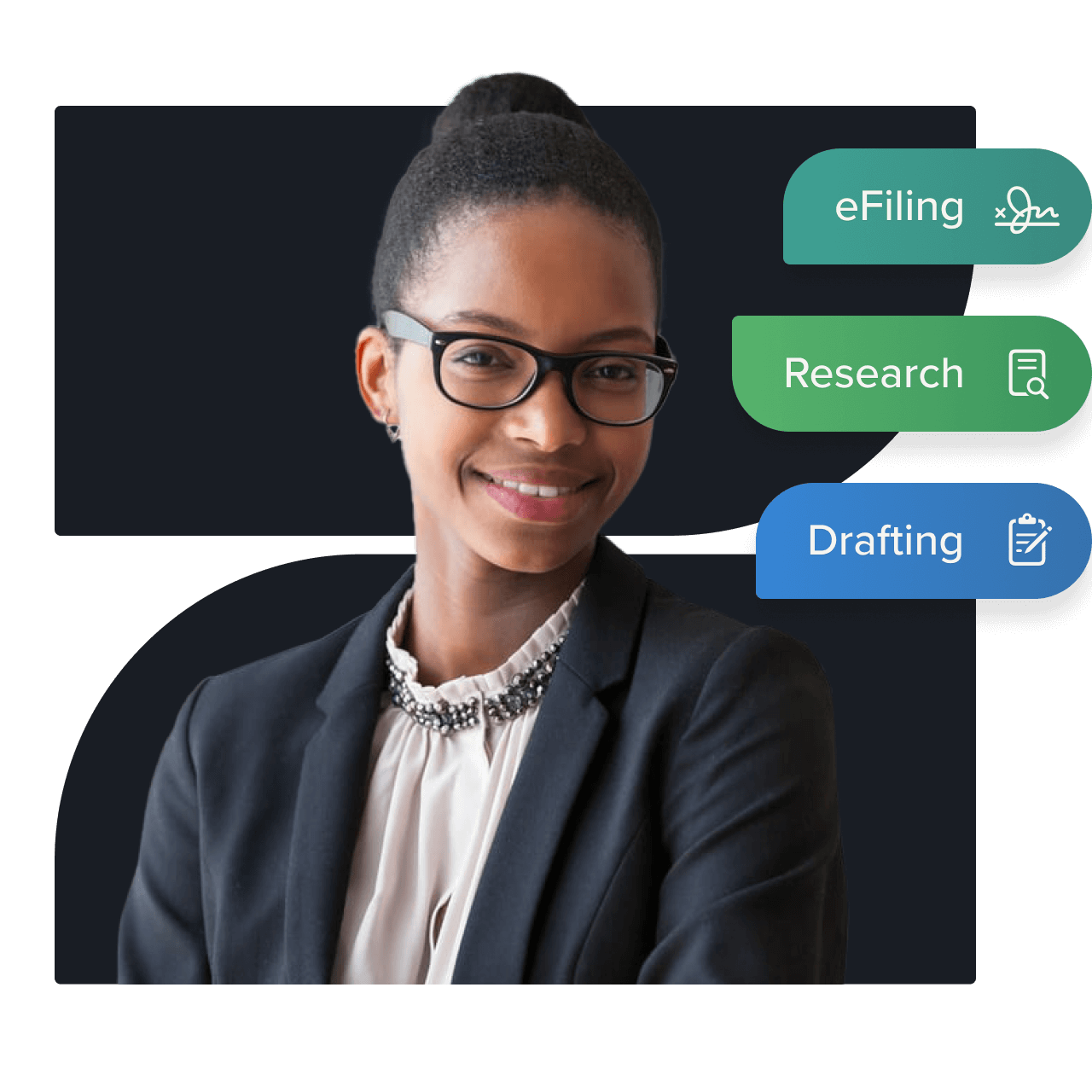 A professional woman in formal attire, with eFiling, research, and drafting task labels, highlighting her paralegal expertise.